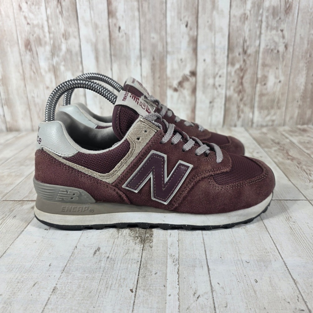 New Balance 574 Classic Burgundy Grey Suede Mesh Sneakers WL574EVM Womens 6